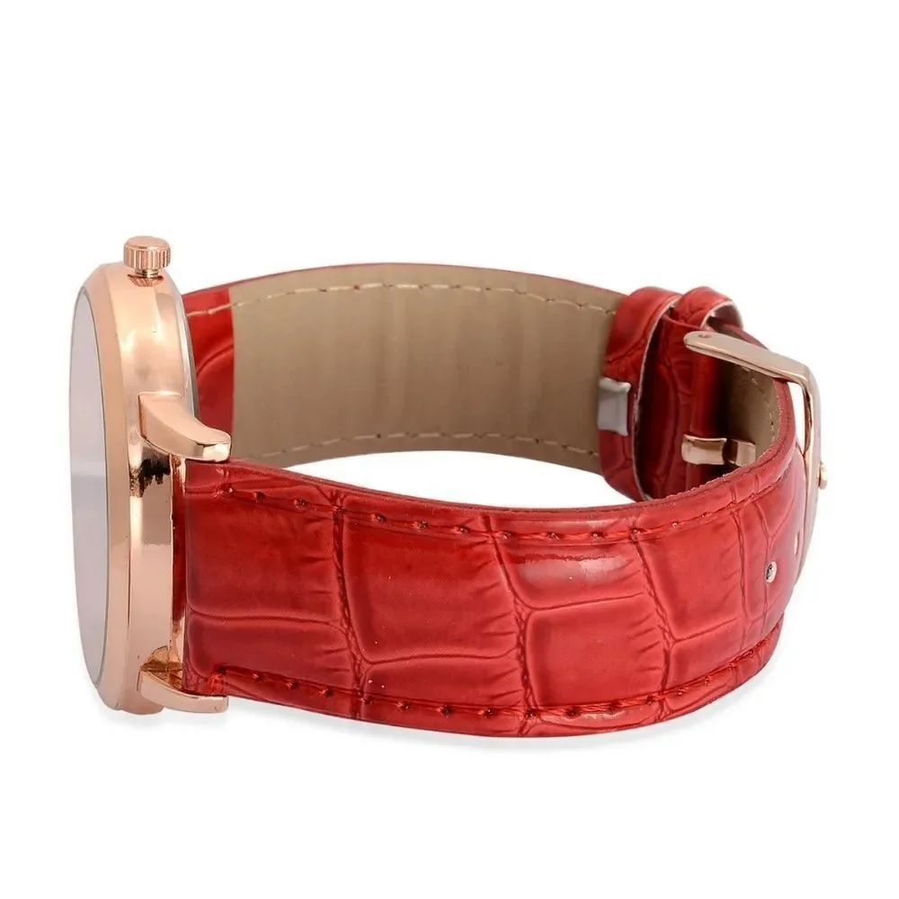 STRADA Watch Faux Red Leather Band Stainless